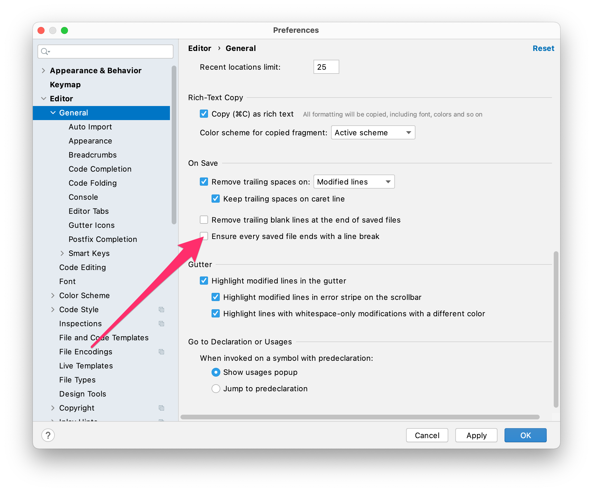 Android Studio Preferences, Editor, General