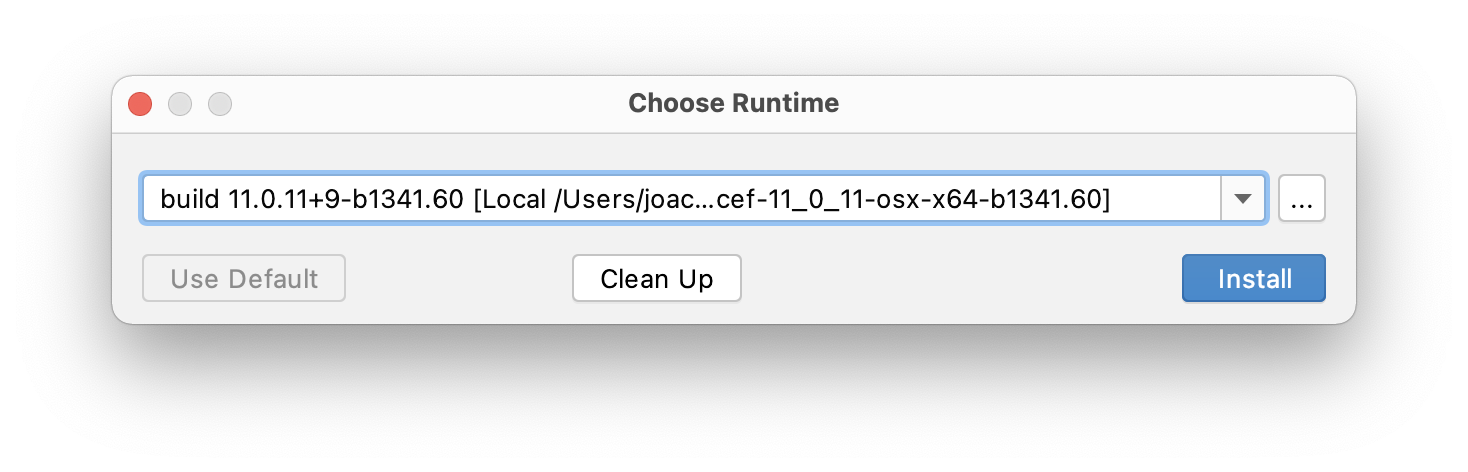 Choose Runtime dialog with custom jbr